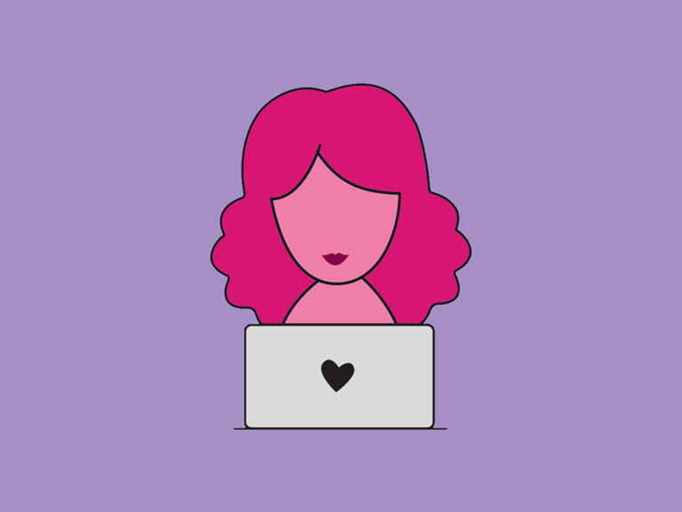 Illustration of person using laptop with heart icon on purple background.